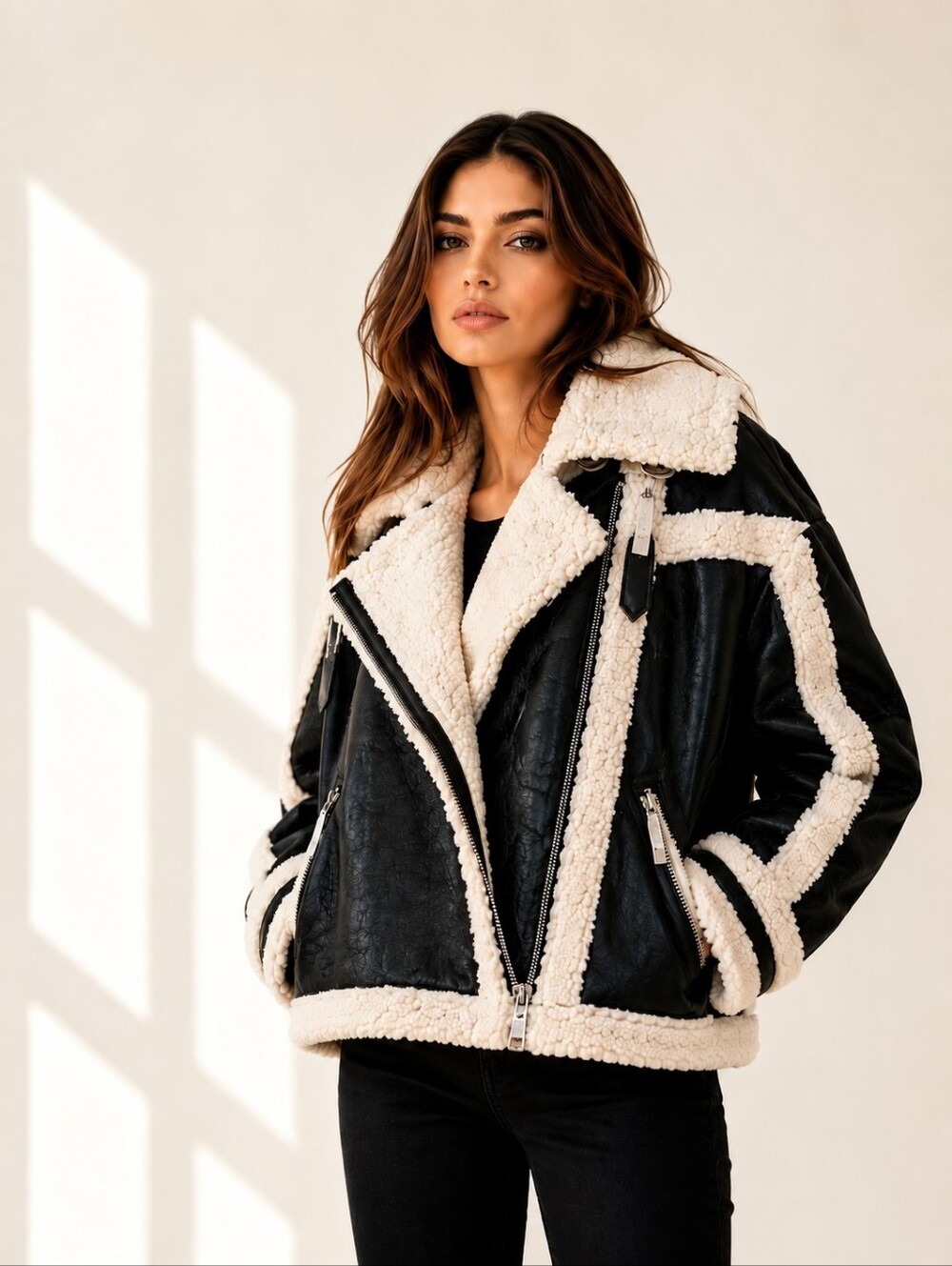 NVLT Women's Black & White Vegan Leather Shearling Fuzzy Coat Jacket Size XS/S